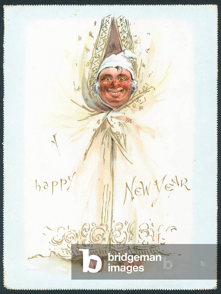 Man peeking through curtains, New Year Card (chromolitho)