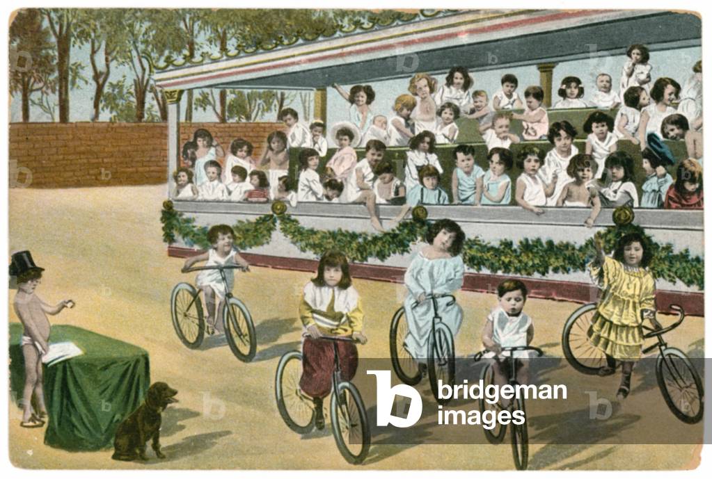 Children's bicycle race (colour litho)