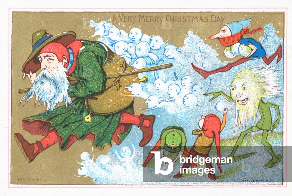 Elves chasing Father Christmas, Christmas Card (chromolitho)