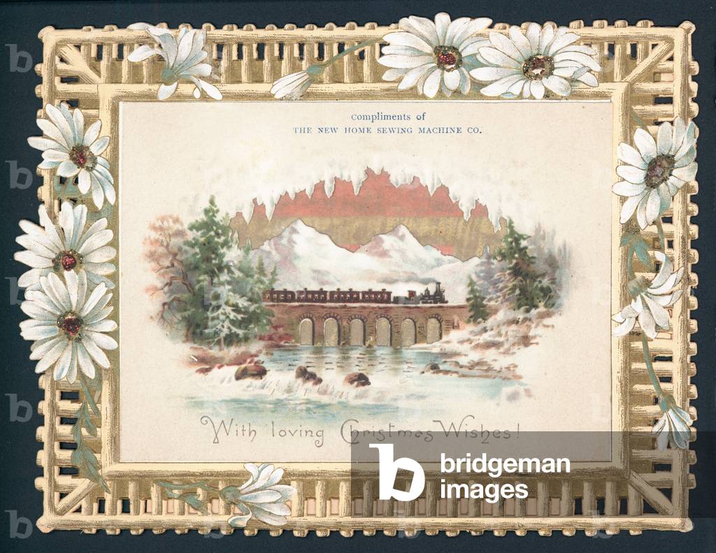 Steam Train crossing bridge, Christmas Card (chromolitho)