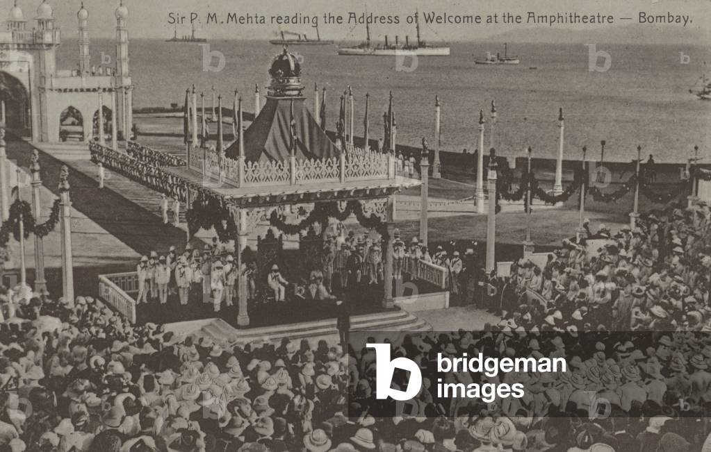 Sir Pherozeshah Mehta, President of the Bombay Municipality, reading the address of welcome to King George V and Queen Mary on their visit to India to attend the Delhi Durbar, 1911 (b/w photo)