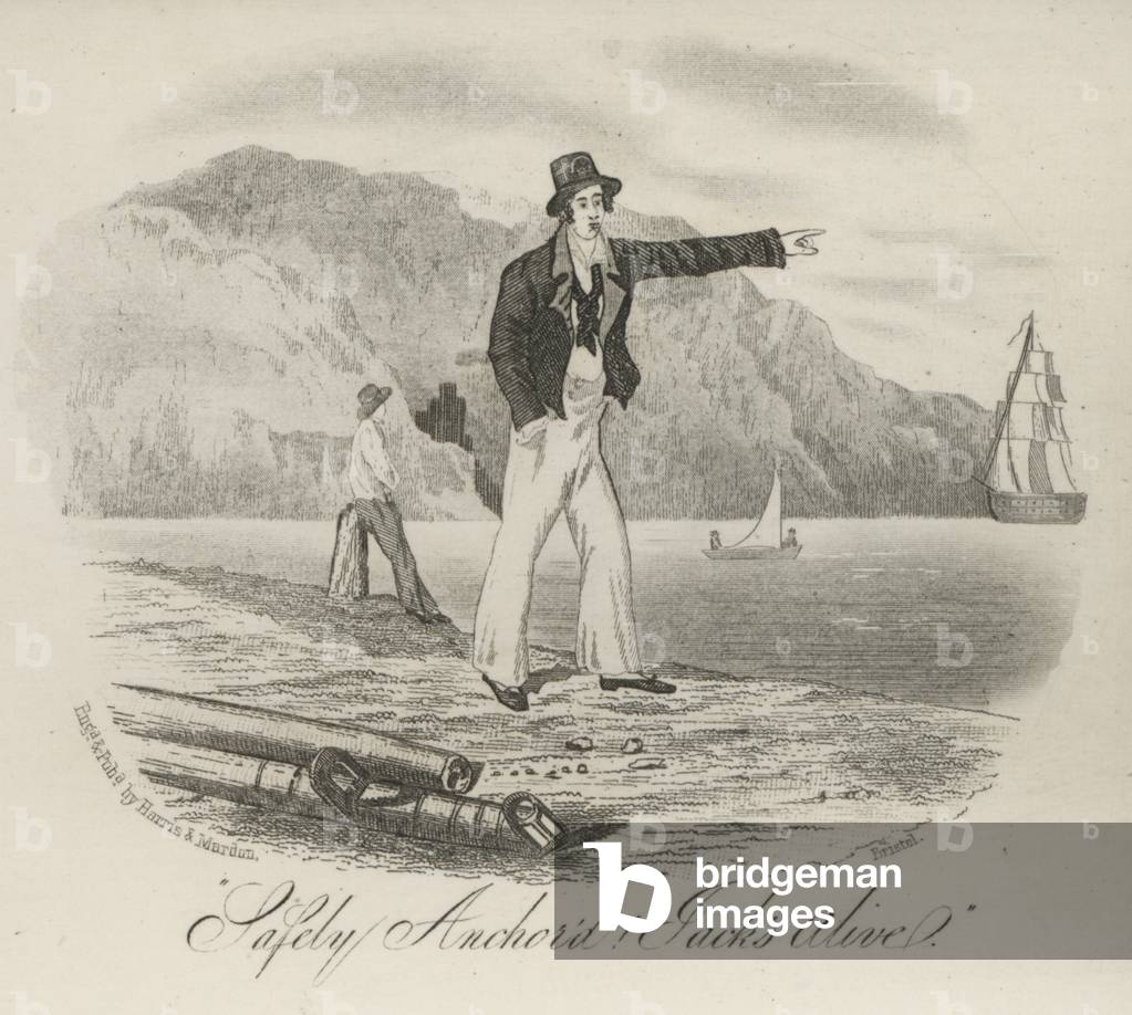Safely anchored! Jack's alive, sailor pointing out to sea (engraving)
