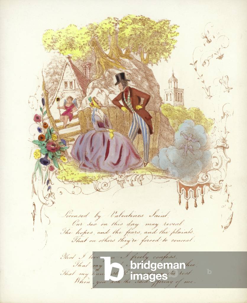 British Valentine card with an image of a man and a woman in a garden with a cherub (colour litho)