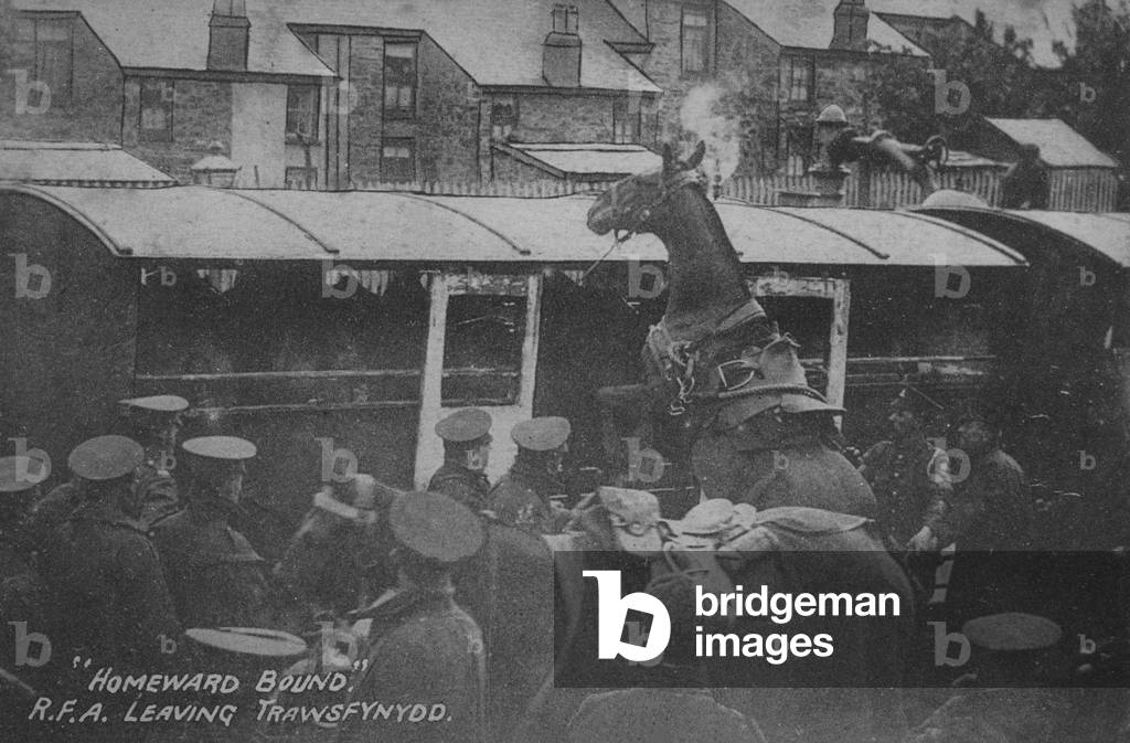 Soldiers and horses of the Royal Field Artillery leaving Trawsfynydd Station, North Wales (b/w photo)