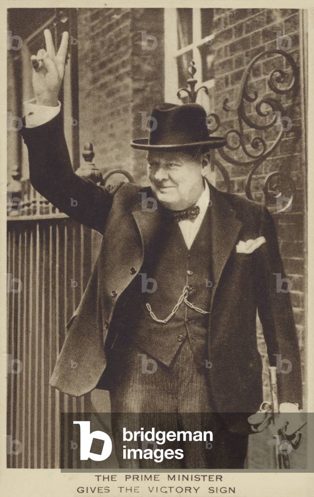 Winston Churchill making the Victory sign outside 10 Downing Street, June 5, 1943 (b/w photo)
