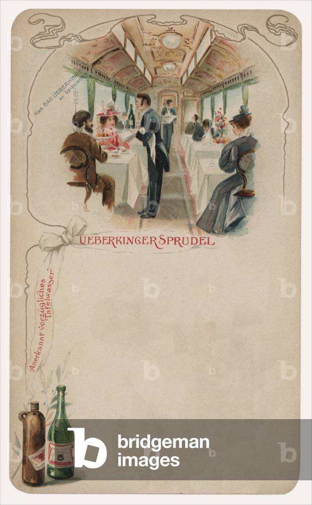 Dining car on a train, advertisment for Ueberkinger Sprudel table water (chromolitho)