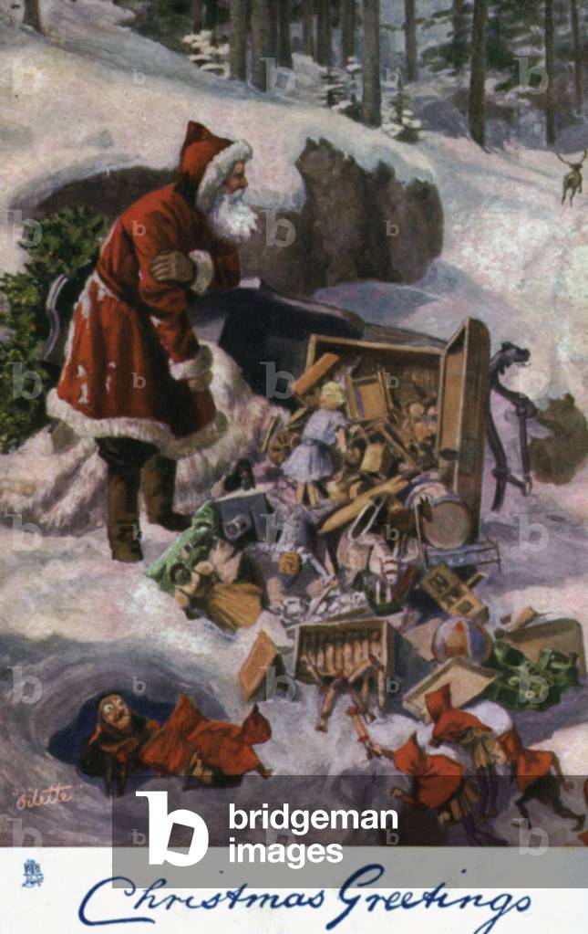 Christmas greetings card depicting Santa Claus after an accident with his sleigh and all his gifts are strewn across the snow (colour litho)