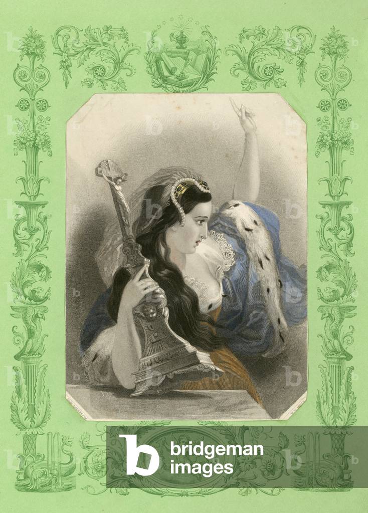 Enraged woman, about to throw a crucifix (coloured engraving)
