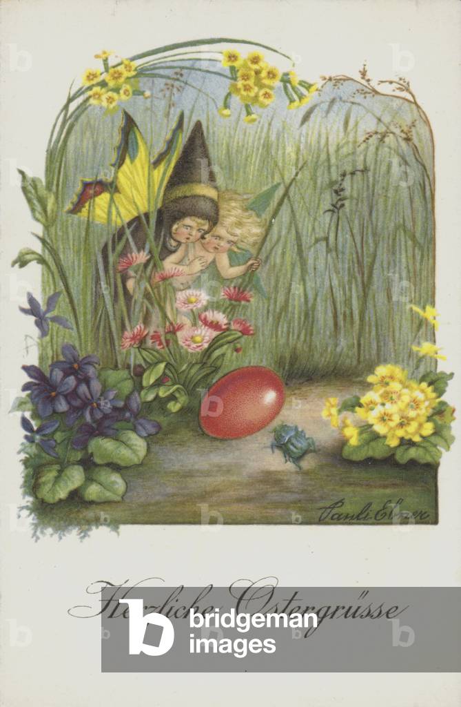 Easter greetings card depicting two fairies in a spring garden. (chromolitho)