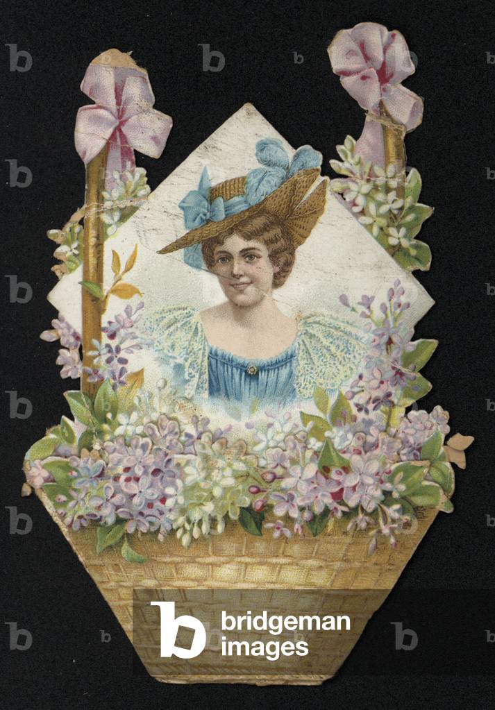 Portrait of a woman in as basket of pink and white flowers, greetings card (chromolitho)