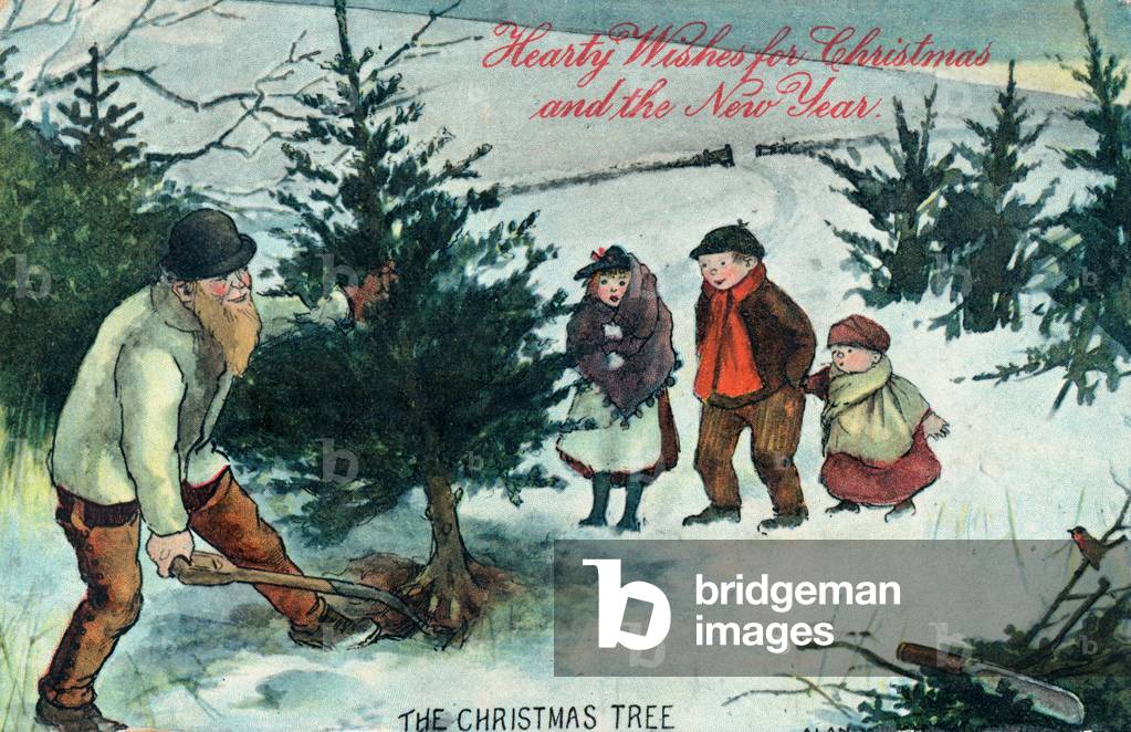 Uprooting the Christmas Tree, Christmas Card (chromolitho)