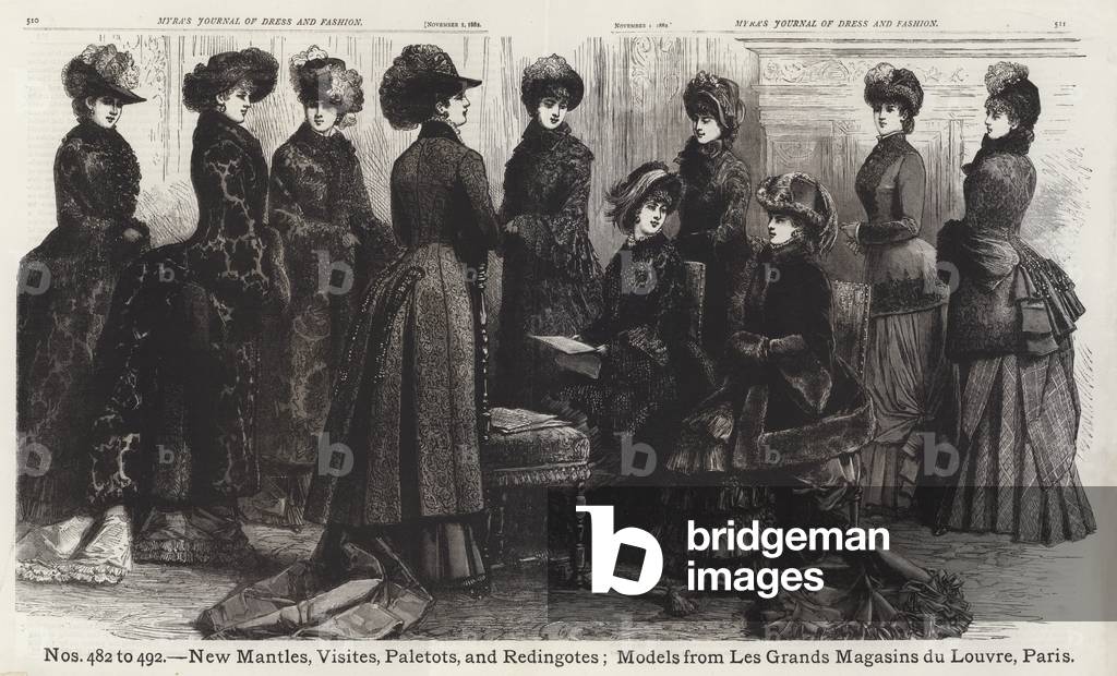 New Mantles, Visites, Paletots, and Redingotes; Models from Les Grands Magasins du Louvre, Paris (engraving)