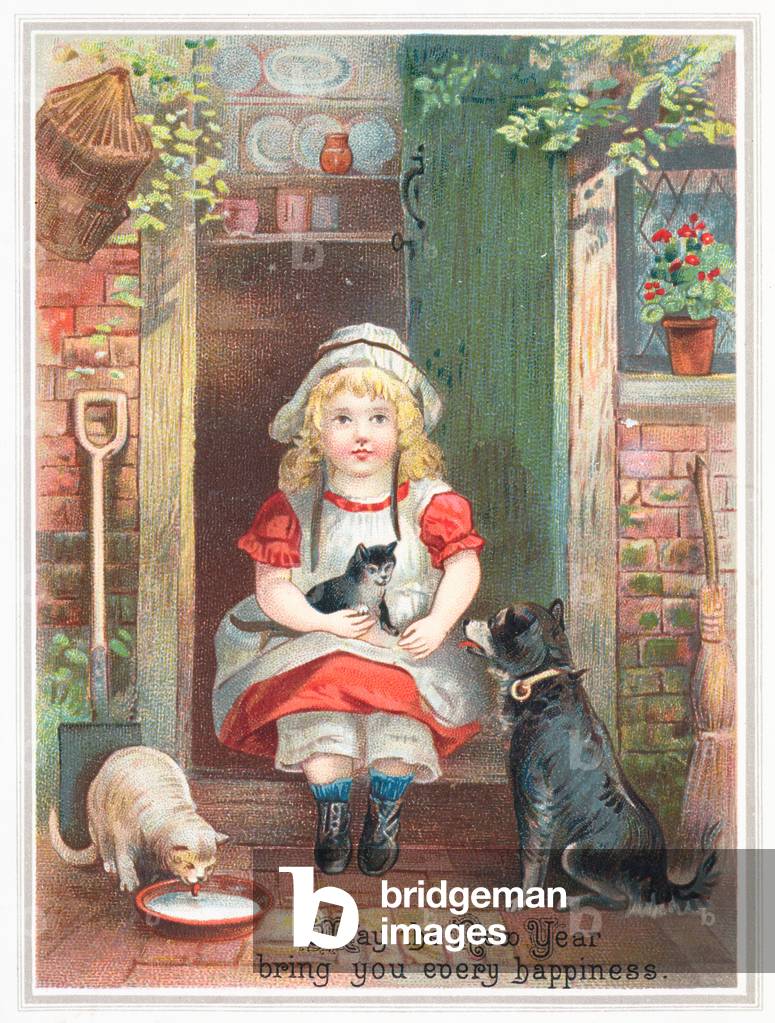 Girl sitting on doorstep with pets, New Year Card (chromolitho)