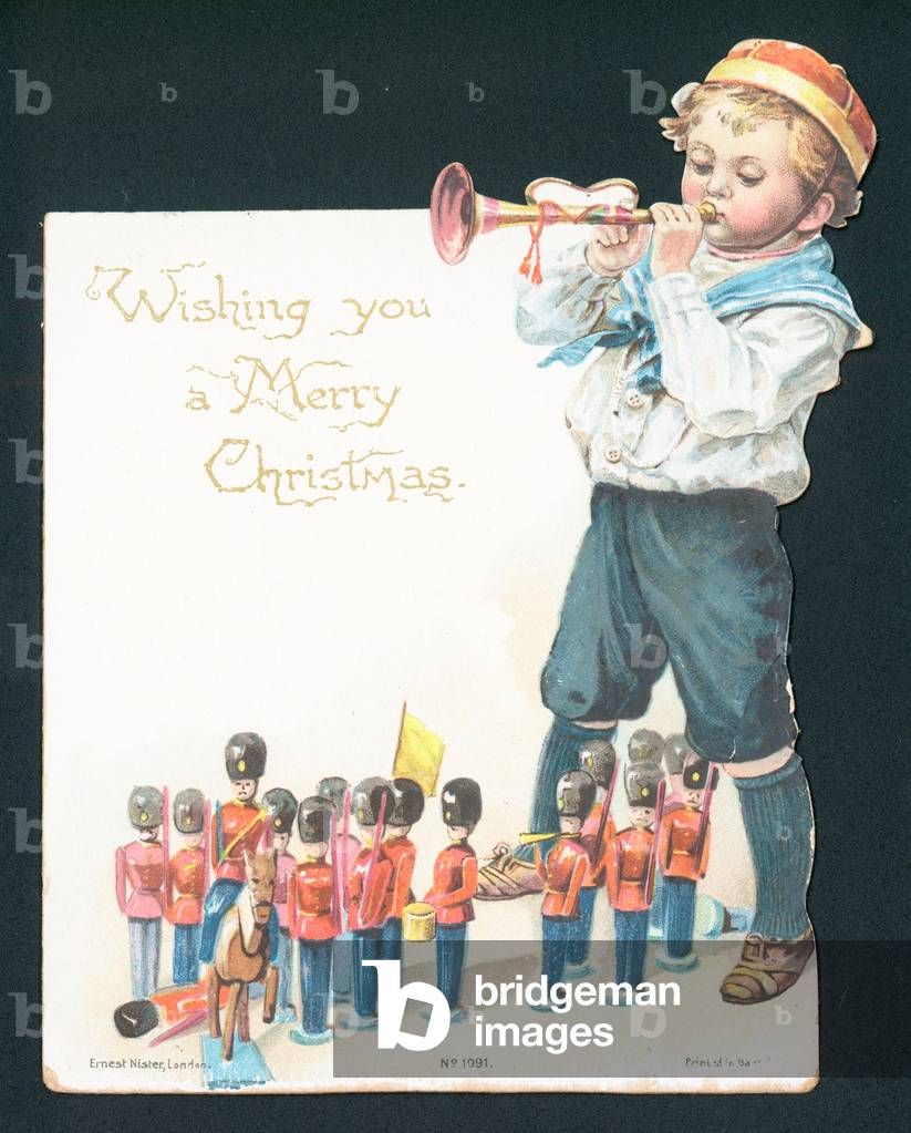 Boy playing with toy soldiers and blowing trumpet, Christmas Card (chromolitho)