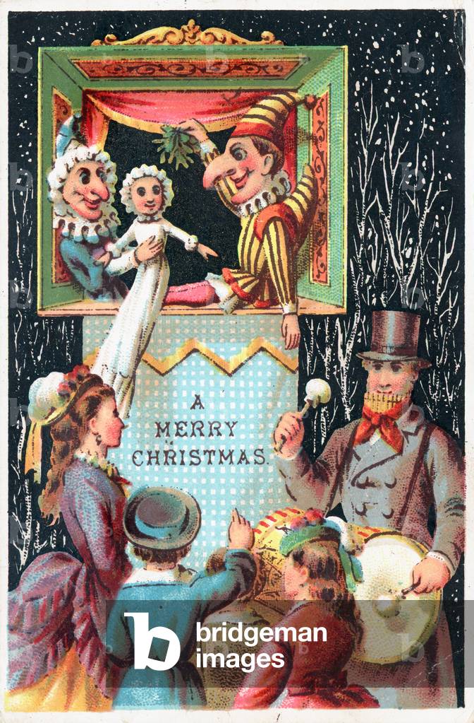 Mr Punch holding mistetoe, Christmas Card (chromolitho)