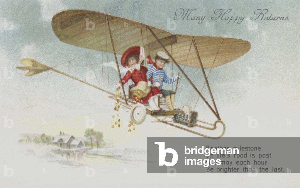 Birthday greetings card depicting two children on a plane. (chromolitho)
