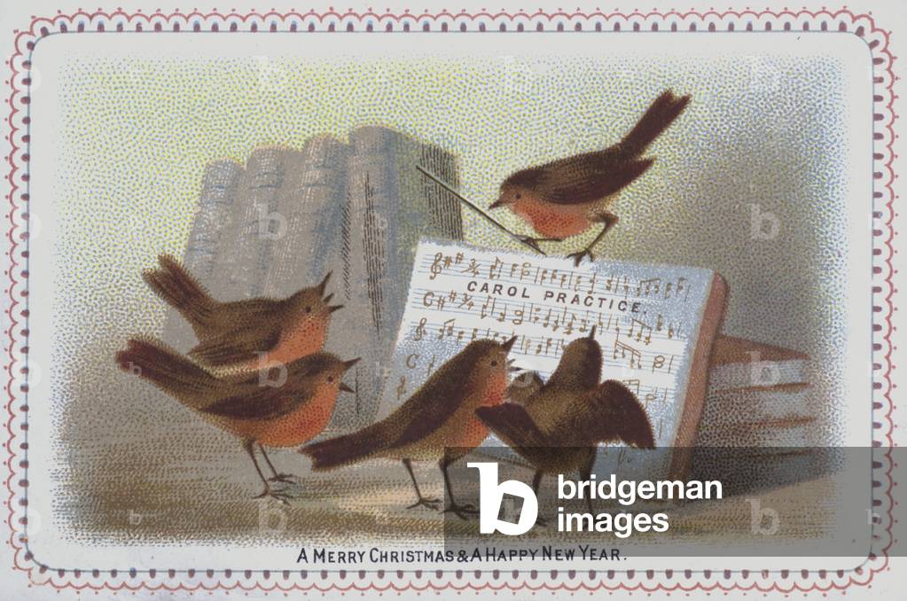 Group of robins singing carols, Christmas card (chromolitho)