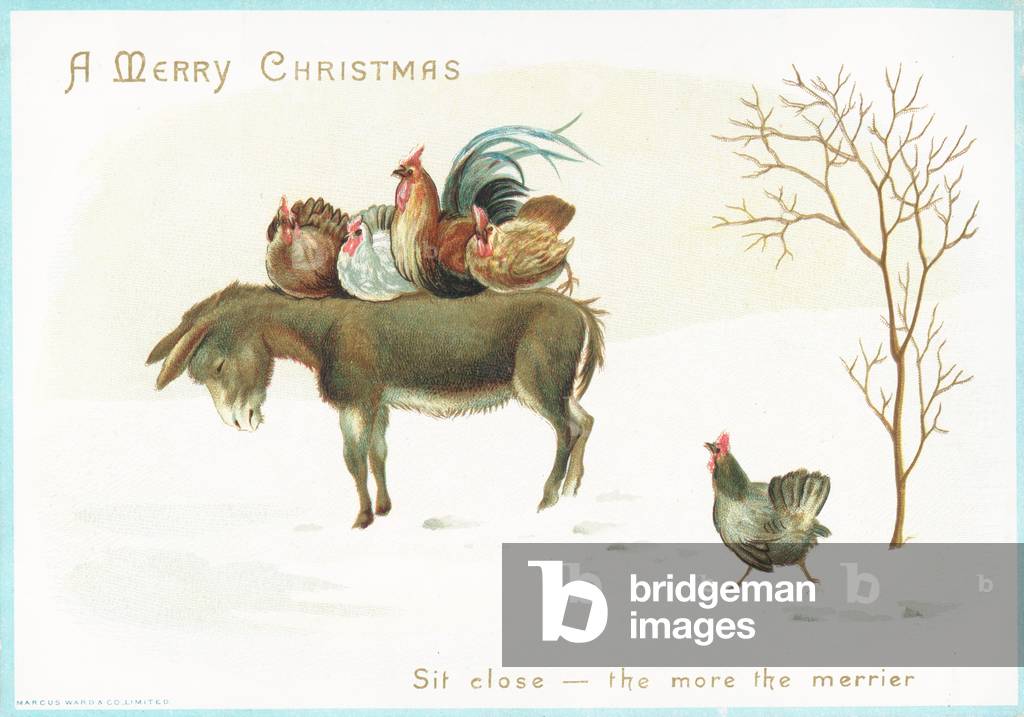 Turkey and chicken sitting on Donkey's back, Christmas Card (chromolitho)