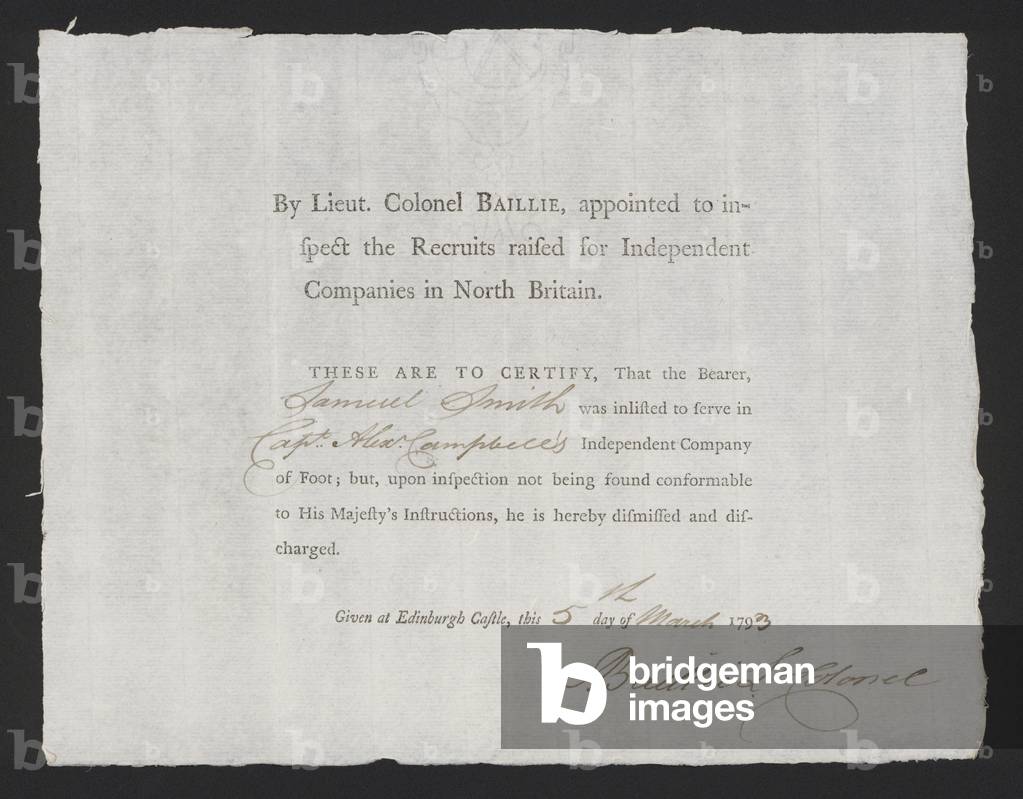 Certificate of discharge of a Samuel Smith from Captain Alexander Campbell's Independent Company of Foot, Edinburgh Castle, 5 March 1793 (litho)