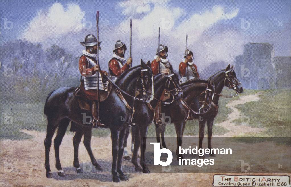 Four cavalrymen during the reign of Queen Elizabeth I,1560 (colour litho)