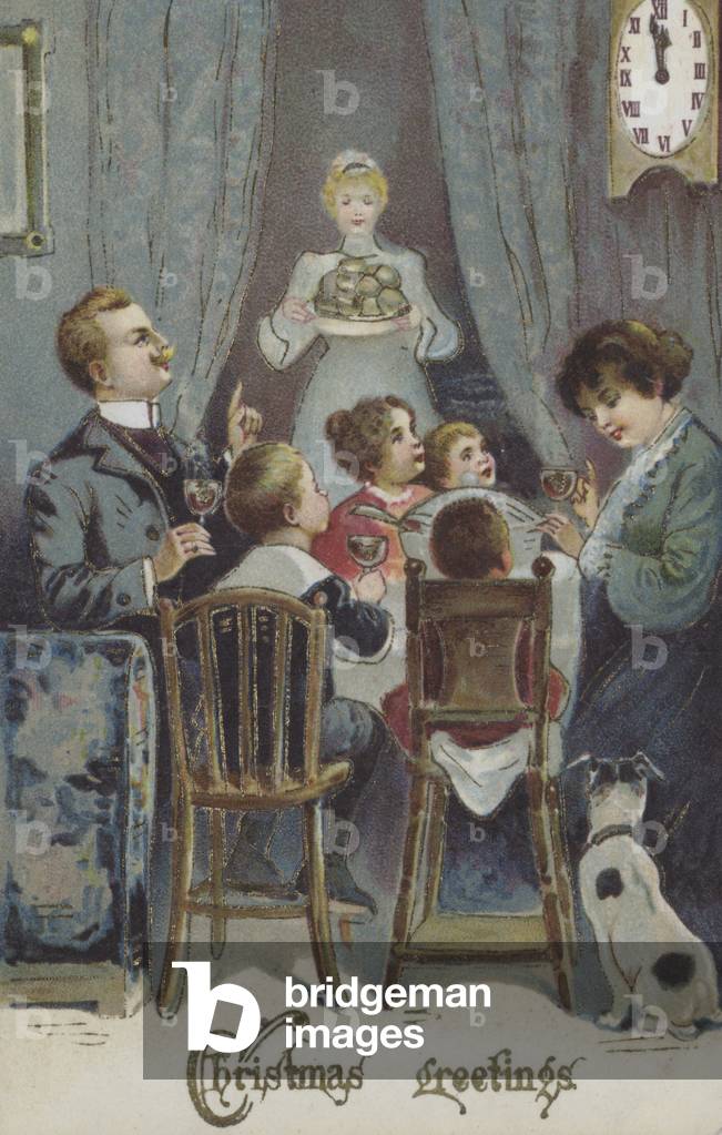 Greetings card depicting a family at dinner waiting for the arrival of Christmas. (chromolitho)