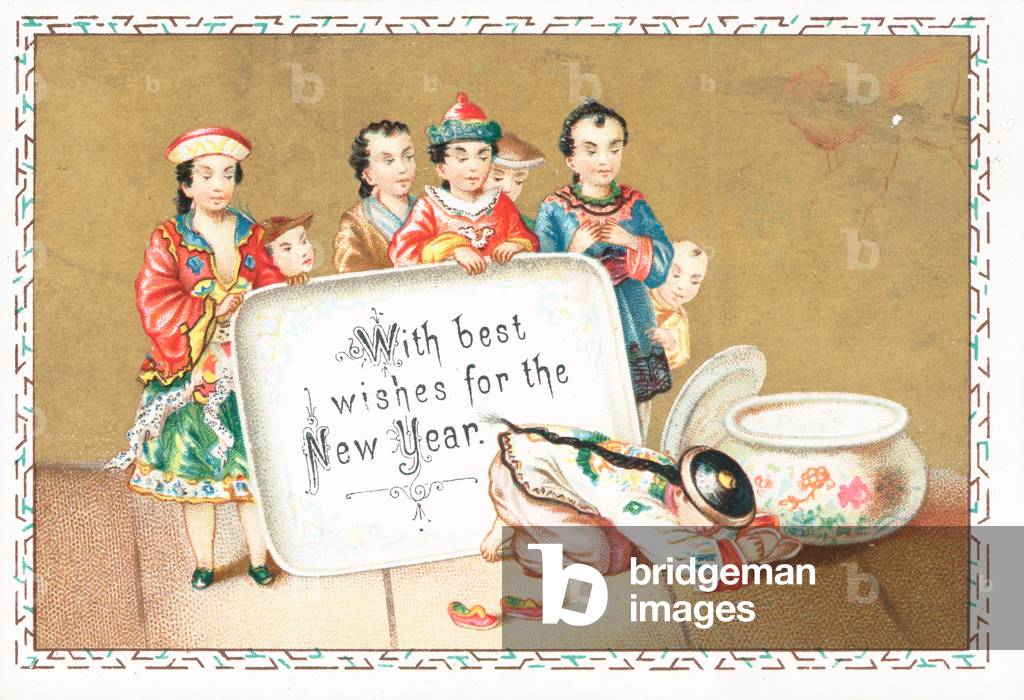 Greetings from Chinese Children, New Year Card (chromolitho)