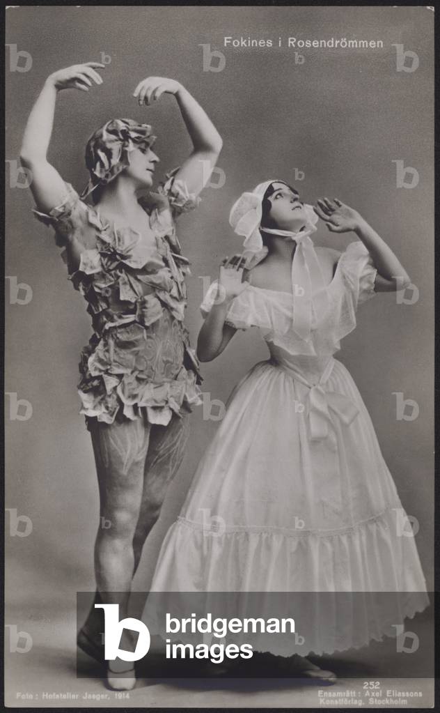 Russian ballet dancers Michel Fokine and Vera Fokina in Fokine's ballet Le Spectre de la Rose, 1914 (b/w photo)