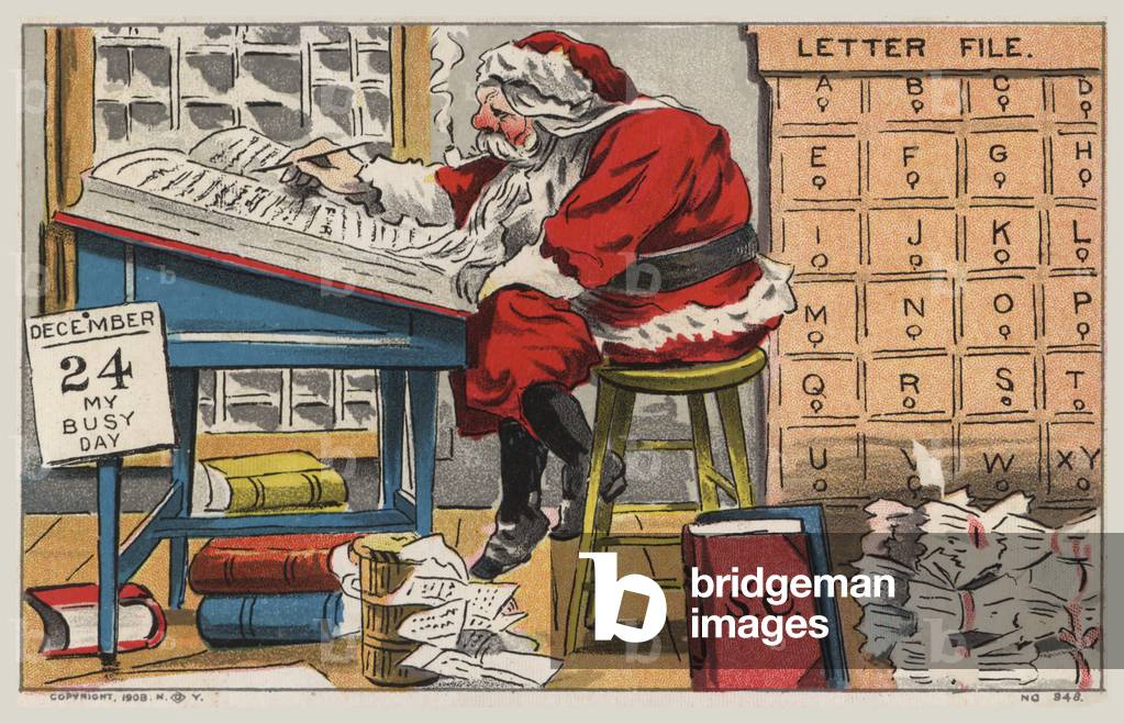 Santa Claus preparing for Christmas Eve (colour litho)