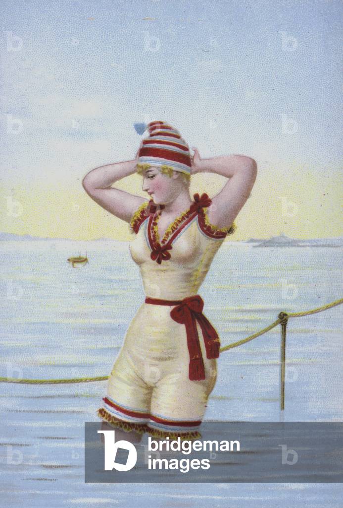 Woman bathing at the seaside (chromolitho)