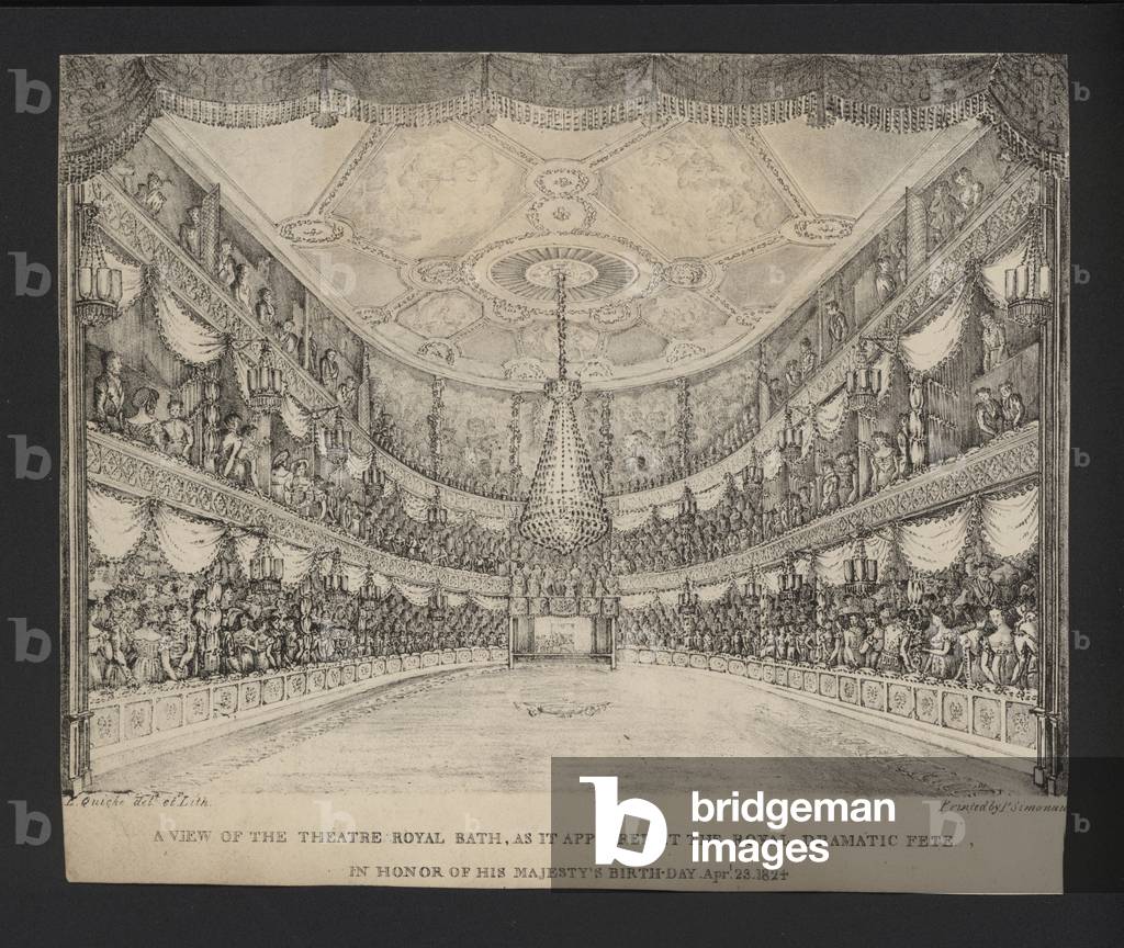A view of the Theatre Royal, Bath, as it appeared at the Royal Dramatic Fete in honour of the birthday of King George IV, 23 April 1824 (litho)