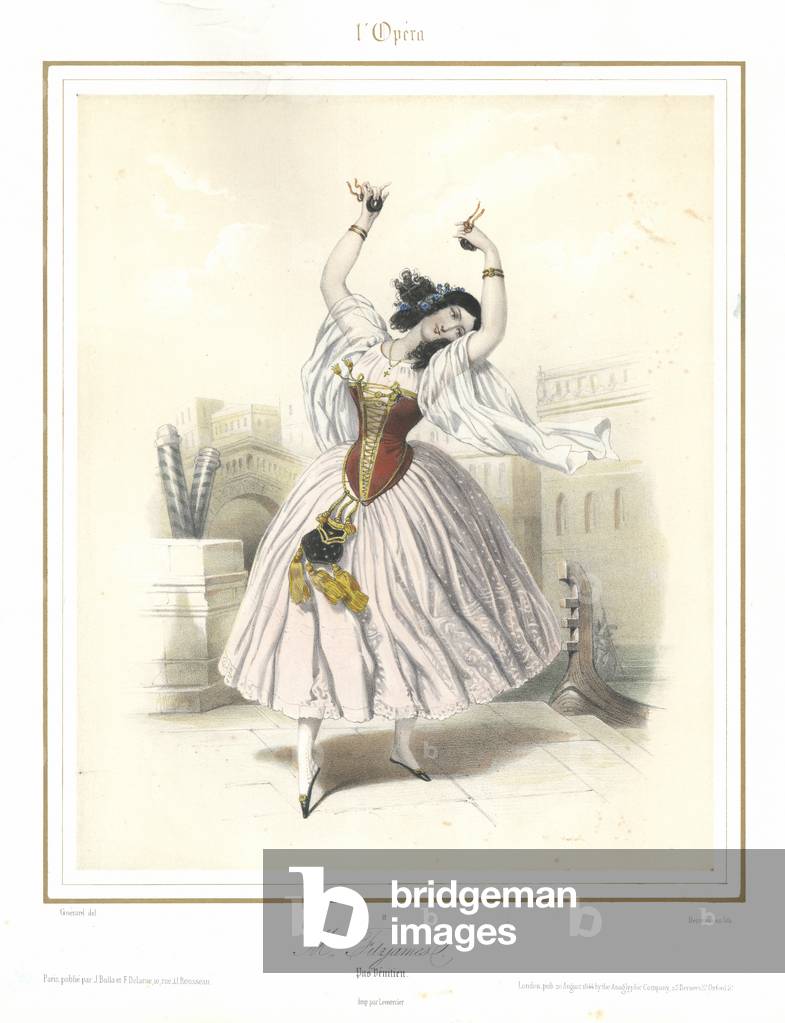 French ballet dancer Louise Fitzjames dancing at the Paris Opera, 1844 (colour litho)