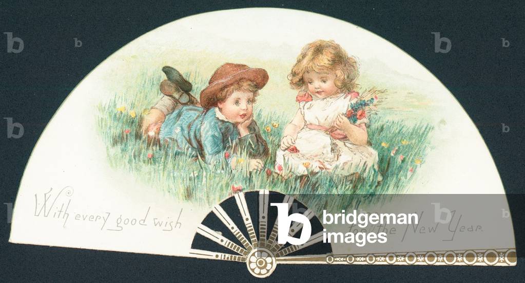 Young girl and boy playing in the grass, New Year Card (chromolitho)