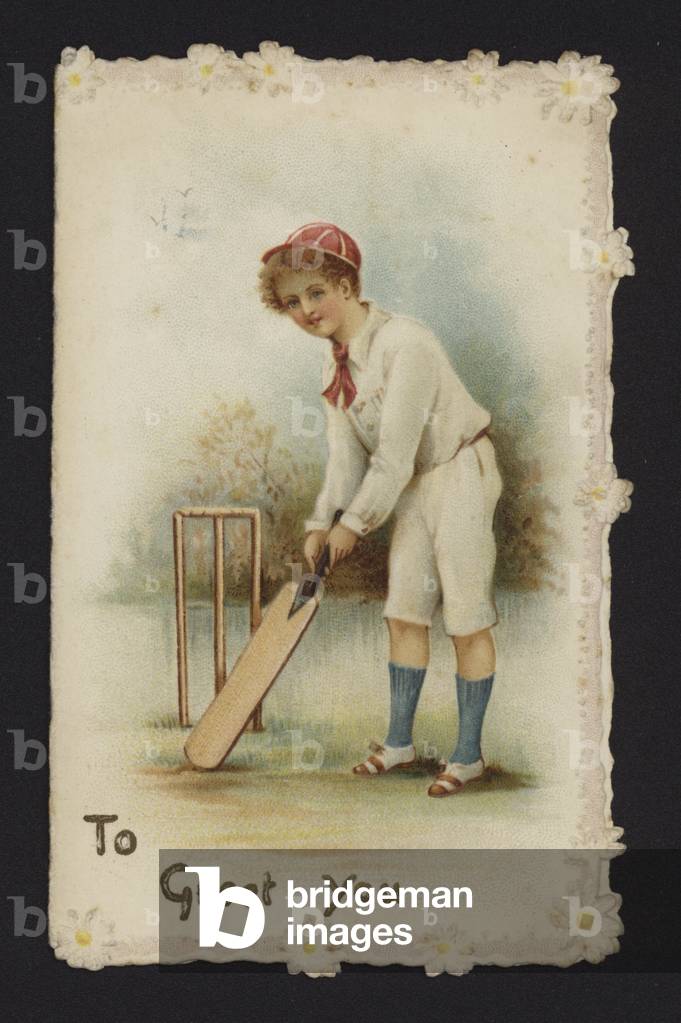 Boy playing cricket, greetings card, late 19th or early 20th Century (chromolitho)