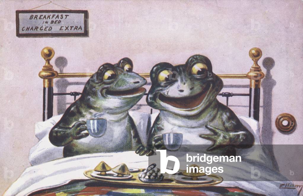 Two frogs share breakfast in bed. (colour litho)
