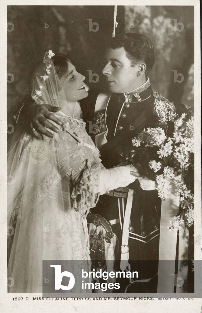 British actors Ellaline Terriss with her husband, Seymour Hicks on their wedding day (b/w photo)