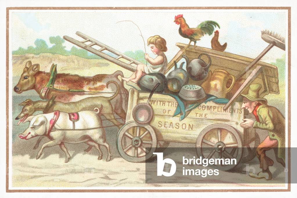 Child driving cart, Christmas Card (chromolitho)