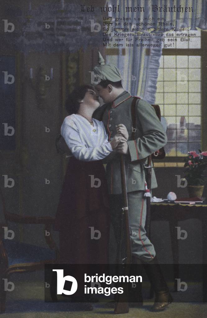 German soldier saying farewell to his wife before going off to war (coloured photo)