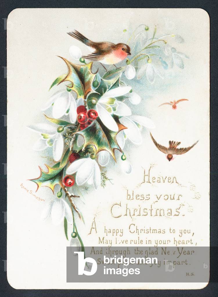 Robins with holly and snowdrops, Christmas Card (chromolitho)