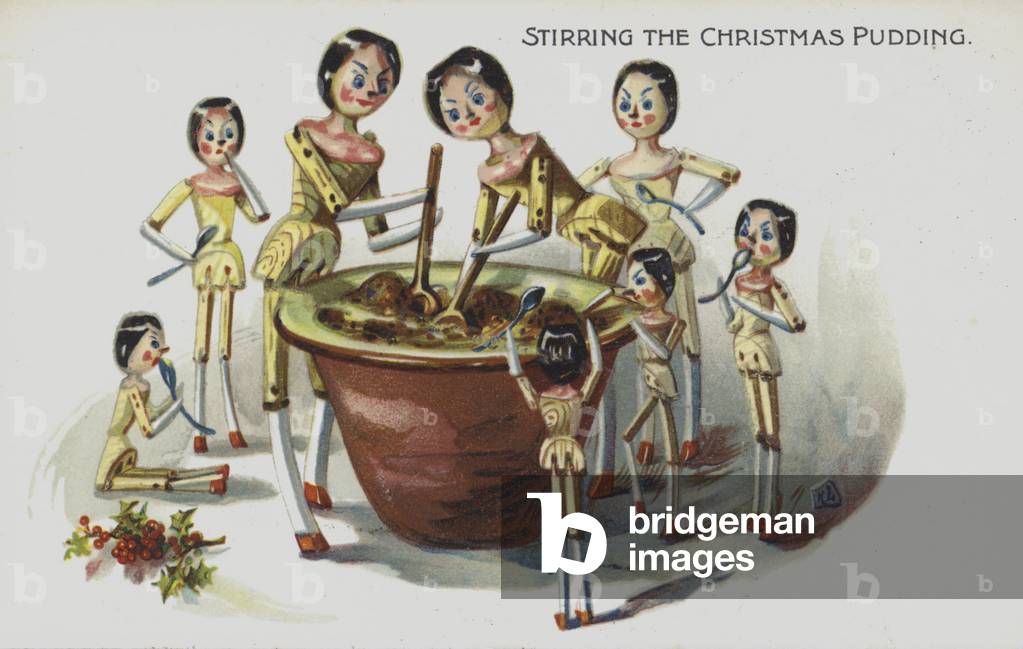 Christmas greetings card depicting dolls stirring the Christmas pudding (chromolitho)