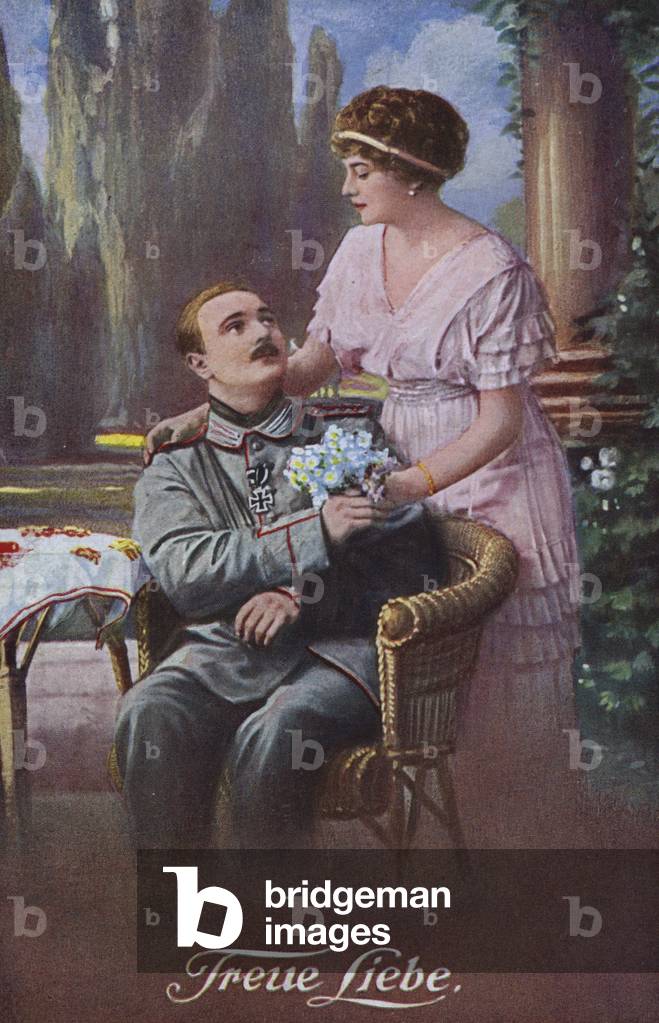 True love: wounded German soldier with his sweetheart (colour litho)