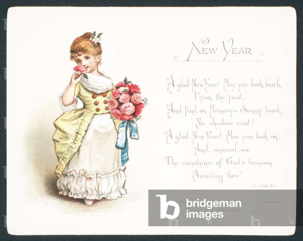 Girl smelling roses, New Year Card (chromolitho)