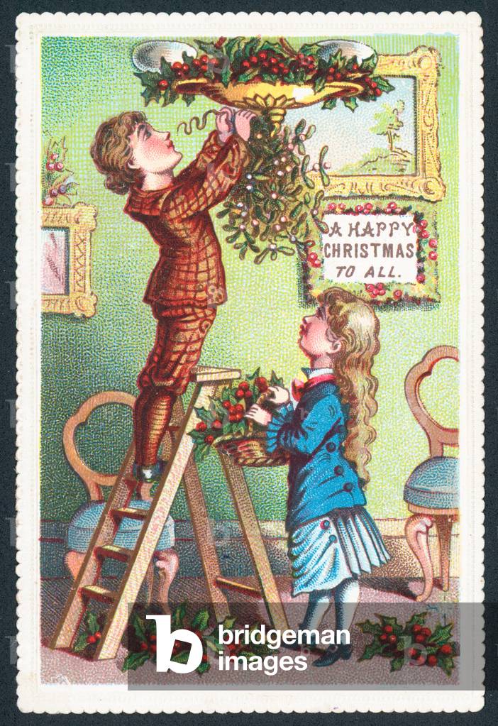 Hanging-up the mistletoe, Christmas Card (chromolitho)