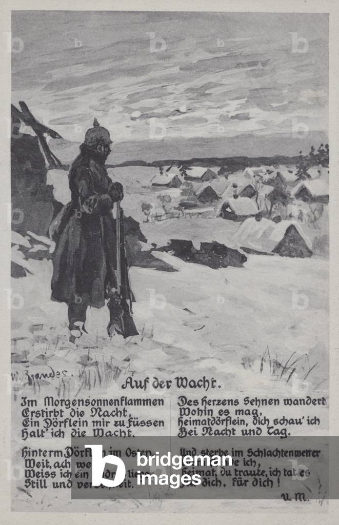 On the watch: German soldier on gusrd duty in the snow (litho)