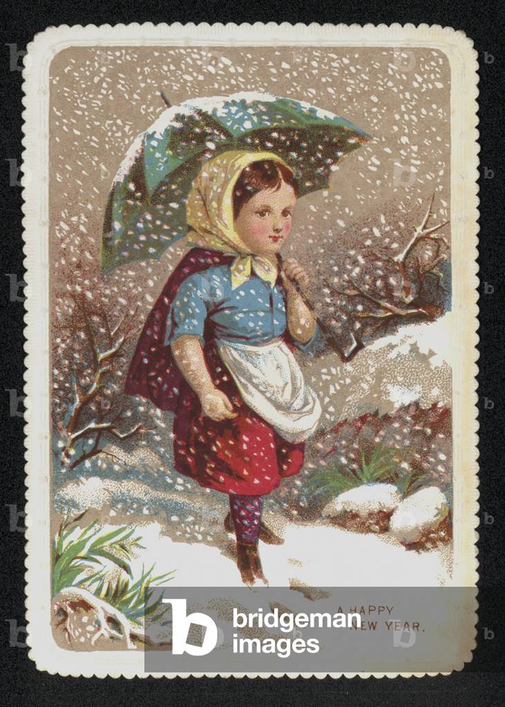 Girl with an umbrella in the snow, New Year's greetings card. (chromolitho)