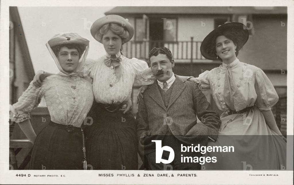 English stage actresses and singers, Zena Dare and Phyllis Dare with their parents (b/w photo)