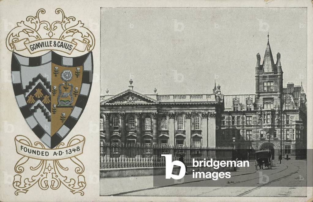 Gonville and Caius College, Cambridge; Cambridgeshire with its coat of arms (b/w photo)