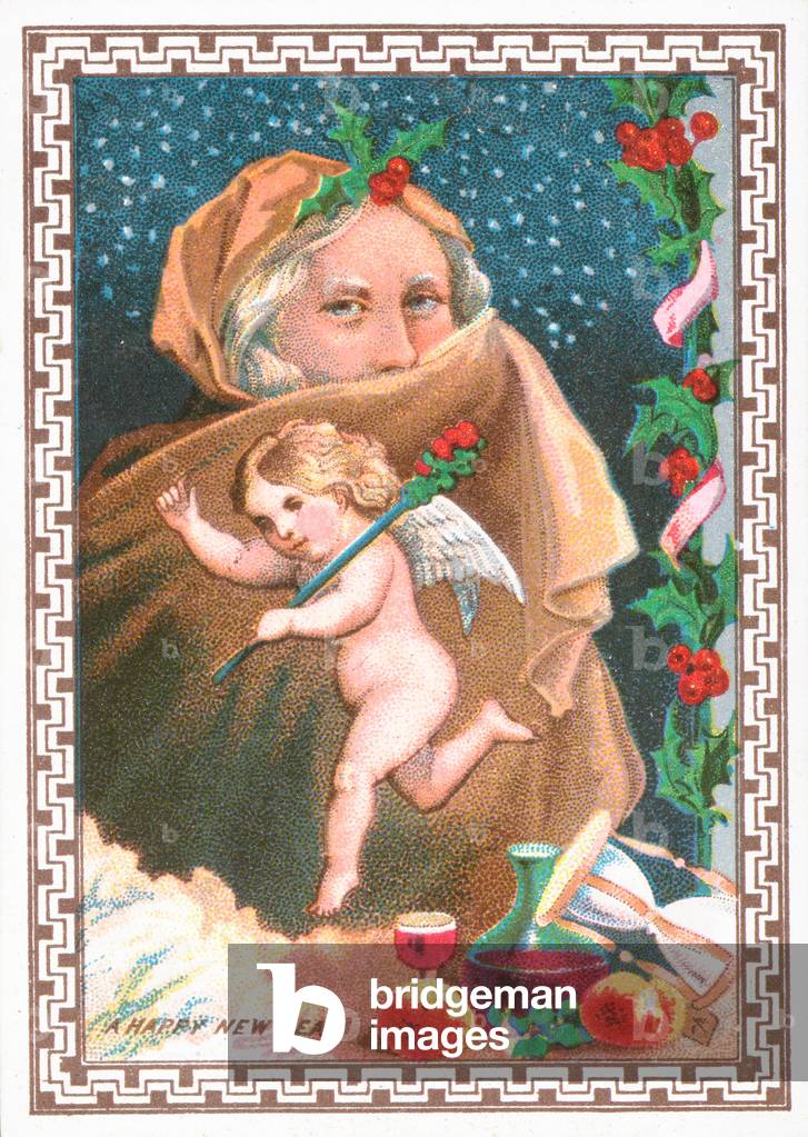 Cherub dancing and lady covering face with shawl, New Year Card (chromolitho)