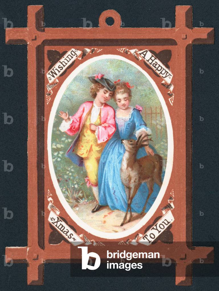 Romantic couple with deer, Christmas Card (chromolitho)