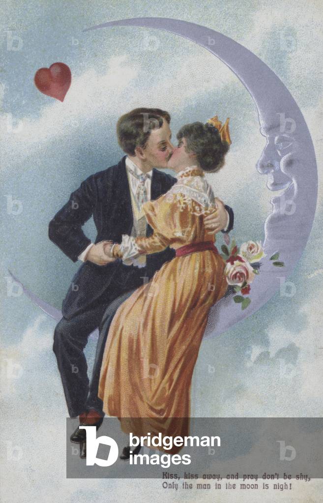 Kiss, kiss away and pray don't be shy, Only the man in the moon is nigh! A kissing couple sit on the moon. (chromolitho)