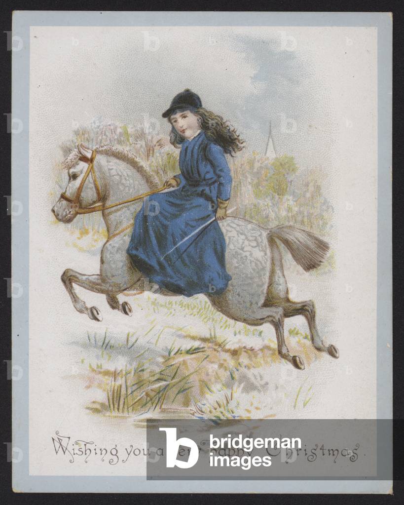 Girl on horseback, riding sidesaddle (chromolitho)